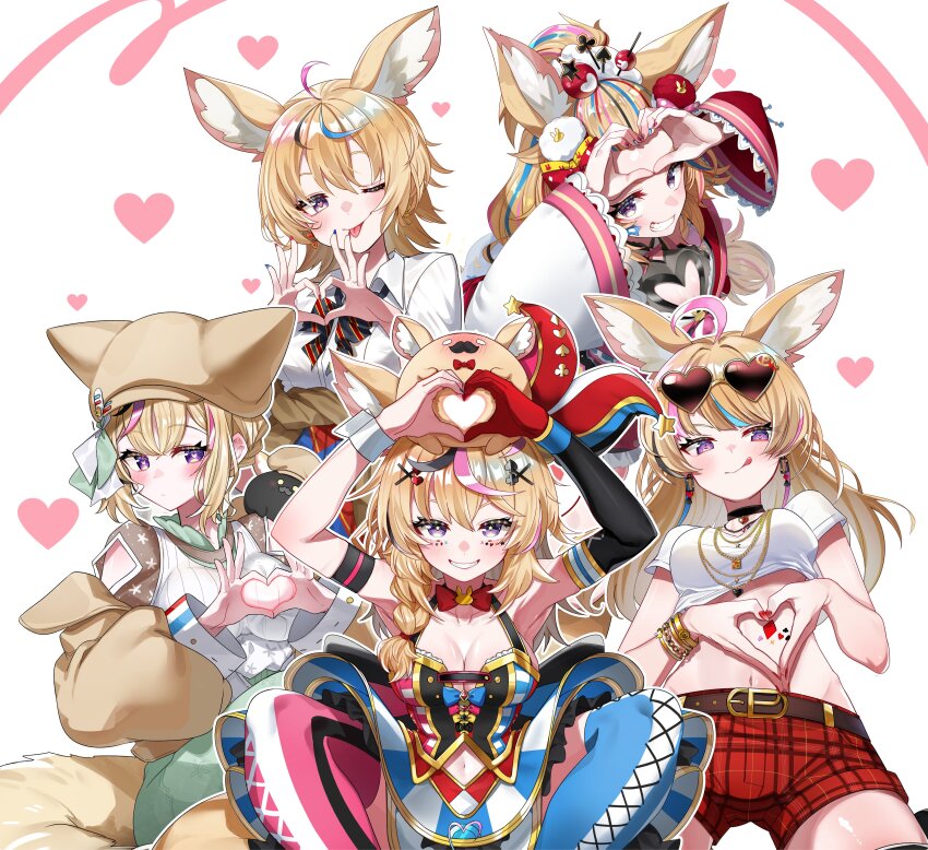 absurdres ahoge animal_ears blonde_hair bracelet braid cabbie_hat cleavage_cutout clothing_cutout eyewear_on_head fox_ears fox_tail grin hair_ornament hairpin hat heart heart-shaped_eyewear heart-shaped_pupils heart_background highres hololive jewelry midriff multicolored_nails multiple_hairpins navel navel_cutout omaru_polka omaru_polka_(1st_costume) omaru_polka_(5th_costume) omaru_polka_(new_year) omaru_polka_(school_uniform) omaru_polka_(street_casual) one_eye_closed purple_eyes red_nails red_shorts shorts side_braid smile star-shaped_pupils star_(symbol) sui_hi_sf sunglasses symbol-shaped_pupils tail tongue tongue_out virtual_youtuber wide_sleeves zain_(omaru_polka)