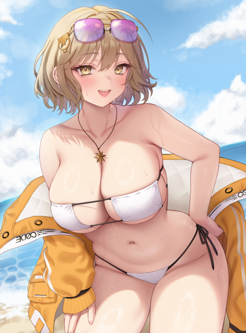 1girl absurdres ahoge anis_(nikke) anis_(sparkling_summer)_(nikke) bare_arms bare_shoulders beach bikini breasts brown_hair cleavage collarbone cowboy_shot day eyepatch_bikini eyewear_on_head goddess_of_victory:_nikke hair_ornament hand_on_own_hip hand_on_own_thigh highres jacket jewelry large_breasts long_sleeves looking_at_viewer navel necklace off_shoulder official_alternate_costume open_clothes open_jacket open_mouth outdoors short_hair side-tie_bikini_bottom skindentation smile solo standing stomach string_bikini sunglasses swimsuit thighs tinted_eyewear wet white_bikini yellow_eyes yellow_jacket zhaofeng_yinyue