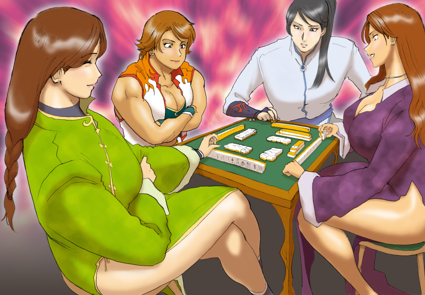 4girls abstract_background board_game bracer breasts bridal_gauntlets cao_li china_dress chinese_clothes cleavage copyright_request crossed_arms dress earrings closed_eyes eyeshadow guan_cai-he high_collar highres jewelry large_breasts crossed_legs liu_mei-xing long_hair long_sleeves mahjong makeup multiple_girls nail_polish nappii_(nappy_happy) necklace original pelvic_curtain short_hair side_slit sitting smile smirk table tan thick_thighs thighs vest wide_sleeves wristband zhang_yan-hua