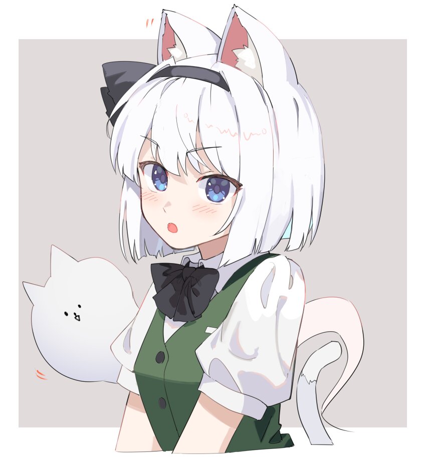 1girl absurdres animal_ear_fluff animal_ears asuka_shirou black_bow black_bowtie black_hairband black_ribbon blue_eyes blush bob_cut border bow bowtie cat_ears cat_girl cat_tail collared_shirt green_vest grey_background hair_ribbon hairband highres kemonomimi_mode konpaku_youmu konpaku_youmu_(ghost) looking_at_viewer open_mouth puffy_short_sleeves puffy_sleeves ribbon shirt short_hair short_sleeves solo tail touhou v-shaped_eyebrows vest white_border white_hair white_shirt