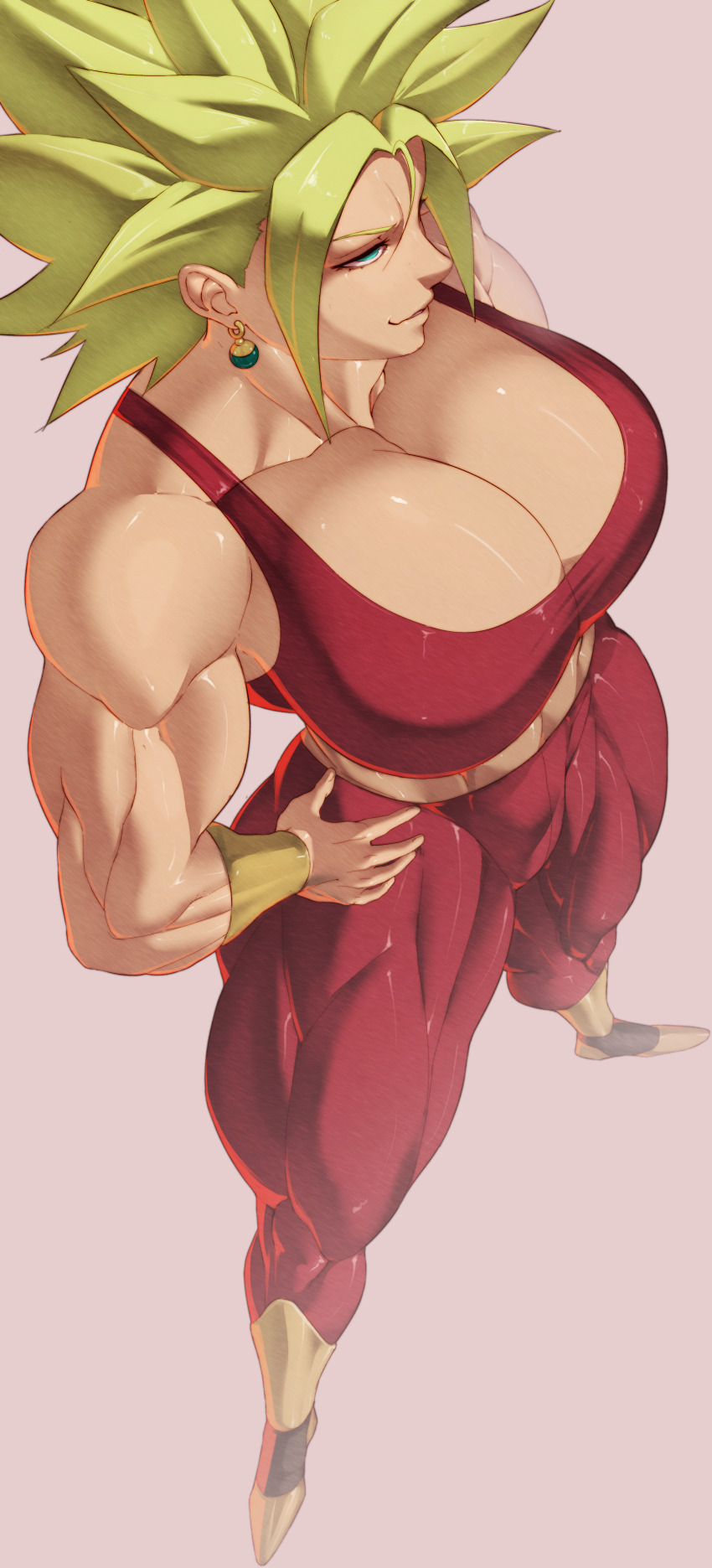 1girl absurdres blue_eyes breasts cleavage dragon_ball dragon_ball_super earrings female_focus full_body fusion green_hair hands_on_own_hips highres huge_breasts jewelry kefla_(dragon_ball) long_hair muscular muscular_female nod9 potara_earrings solo spiked_hair super_saiyan thick_thighs thighs