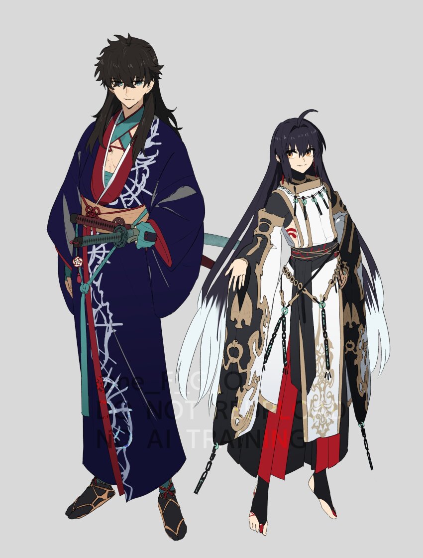 1boy 1other absurdres ahoge black_hair blue_eyes blue_kimono fate/samurai_remnant fate_(series) highres japanese_clothes katana kimono long_hair miyamoto_iori_(fate) ninjin_(ne_f_g_o) sword watermark weapon yamato_takeru_(fate) yamato_takeru_(third_ascension)_(fate) yellow_eyes