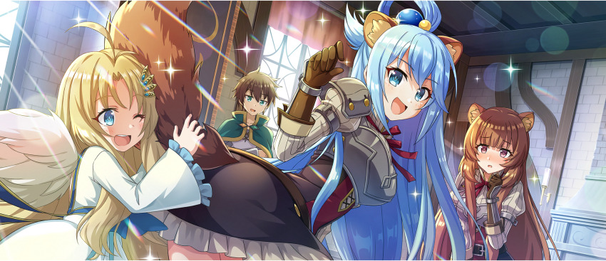 1boy 3girls ahoge animal_ears aqua_(konosuba) arm_guards armor belt bird_wings blonde_hair blue_bow blue_eyes blue_hair blush bow breasts brown_belt brown_gloves brown_hair chest_guard cosplay crossover dress feathered_wings feathers filo_(tate_no_yuusha_no_nariagari) game_cg gloves highres kono_subarashii_sekai_ni_shukufuku_wo! konosuba_fantastic_days large_breasts long_hair matching_outfits multicolored_clothes multicolored_dress multiple_girls neck_ribbon official_art open_mouth pauldrons raccoon_ears raccoon_girl raccoon_tail raphtalia raphtalia_(cosplay) red_eyes red_ribbon ribbon satou_kazuma short_dress shoulder_armor sidelocks single_hair_ring single_pauldron smile tail tate_no_yuusha_no_nariagari vambraces white_dress white_feathers white_wings wings