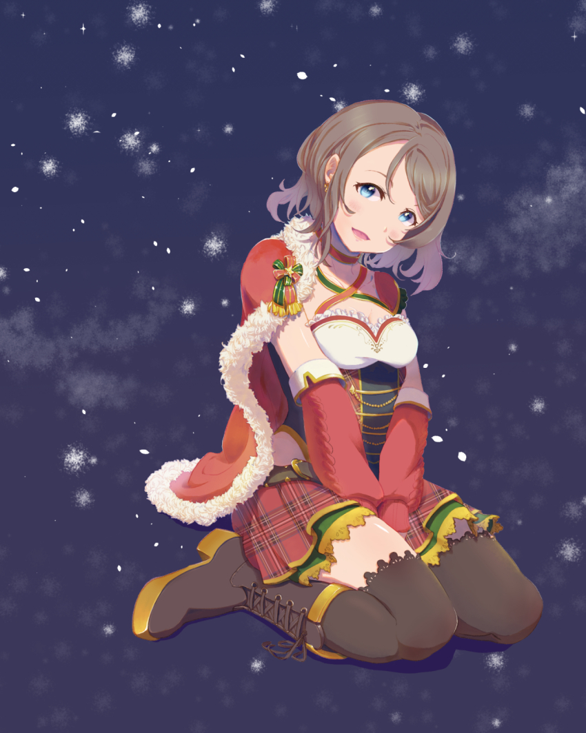 1girl belt blue_eyes boots bow breasts brown_hair cape christmas cleavage earrings elbow_gloves frills from_side fur_trim gift gloves high_heels highres jewelry kneeling legs looking_at_viewer love_live! love_live!_sunshine!! myumyumyu ribbon santa_costume short_hair simple_background sitting skirt snow snowflakes snowing socks thighhighs thighs watanabe_you wavy_hair