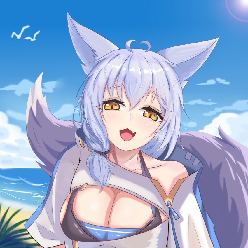 1girl :3 :d ahoge animal_ears arknights beach blue_sky blush breasts cleavage cloud day fang heart heart_ahoge highres large_tail looking_at_viewer ocean official_alternate_costume open_mouth outdoors provence_(arknights) provence_(casual_vacation)_(arknights) purple_hair rua_(sxys7245) shirt single_bare_shoulder sky smile solo tail upper_body water white_shirt wolf_ears wolf_tail yellow_eyes