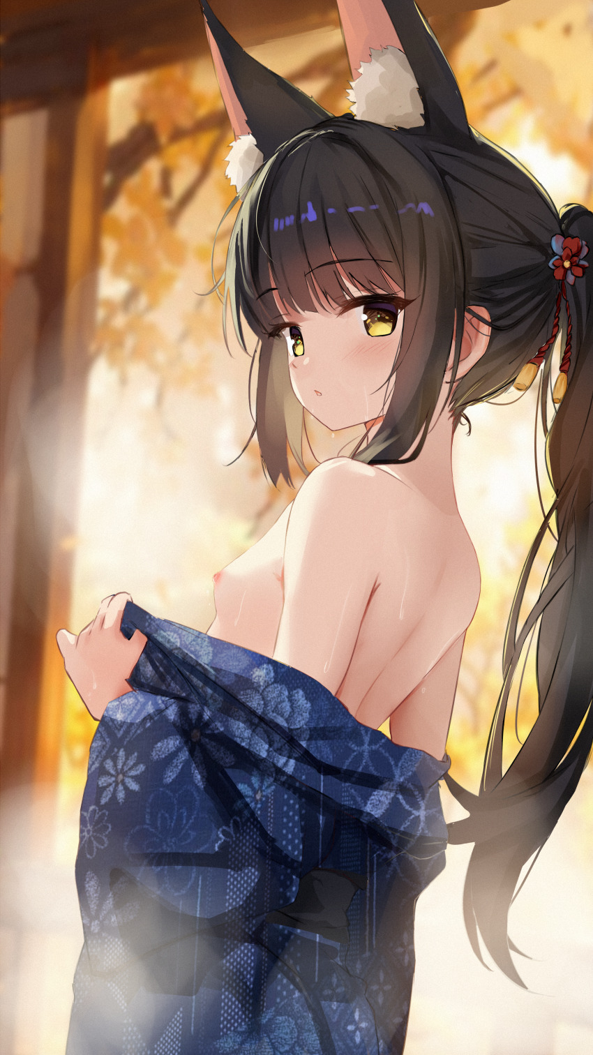 1girl absurdres alternate_costume alternate_hairstyle animal_ear_fluff animal_ears azur_lane bare_shoulders blue_kimono blush breasts brown_hair commentary_request expressionless floral_print fox_ears fox_girl from_side hamiro highres japanese_clothes kimono kimono_pull long_hair looking_at_viewer looking_back nagato_(azur_lane) nipples no_bra off_shoulder open_mouth petite ponytail revision small_breasts solo topless undressing very_long_hair yellow_eyes yukata