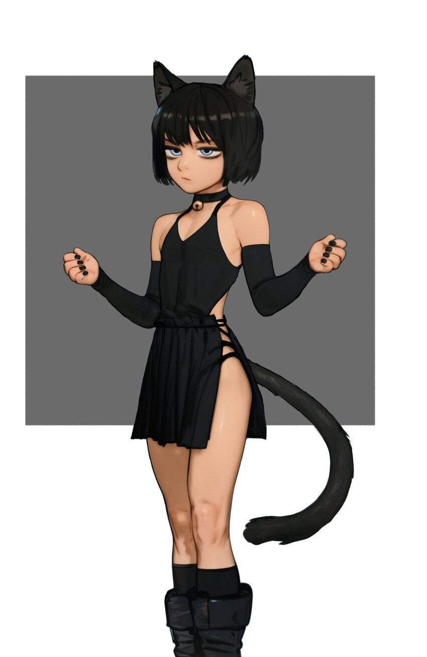 1boy absurdres animal_ears arms_up bare_shoulders bell black_hair black_nails blue_eyes boots cat_boy cat_ears cat_tail choker commentary demongakka detached_sleeves dress english_commentary grey_background highres jingle_bell kneehighs long_sleeves male_focus nail_polish nose original pectorals short_hair simple_background socks solo standing tail trap white_background