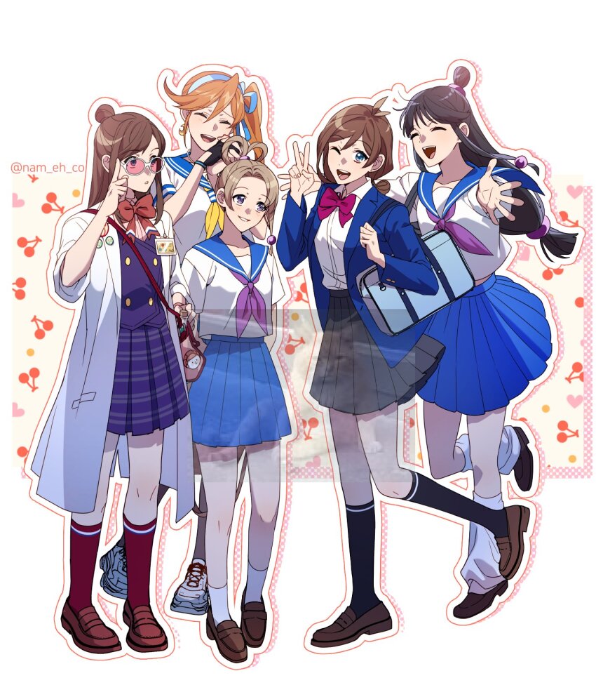 5girls ;d ace_attorney alternate_costume athena_cykes bag black_gloves black_hair black_socks blue_eyes blue_jacket blue_ribbon blue_skirt bow bowtie brown_footwear brown_hair closed_eyes coat collared_shirt crescent crescent_earrings earrings ema_skye full_body gloves hair_between_eyes hair_ribbon hair_rings highres jacket jewelry kneehighs lab_coat leg_up long_hair maya_fey multiple_girls nam_eh_co neckerchief one_eye_closed open_clothes open_coat open_jacket open_mouth orange_hair own_hands_together partially_fingerless_gloves pearl_fey pleated_skirt ponytail purple_eyes purple_neckerchief red_bow red_bowtie red_socks ribbon sailor_collar school_uniform serafuku shirt shoes short_hair short_sleeves shoulder_bag side_ponytail single_glove skirt smile socks sunglasses teeth trucy_wright twitter_username v white_shirt white_socks yellow_neckerchief