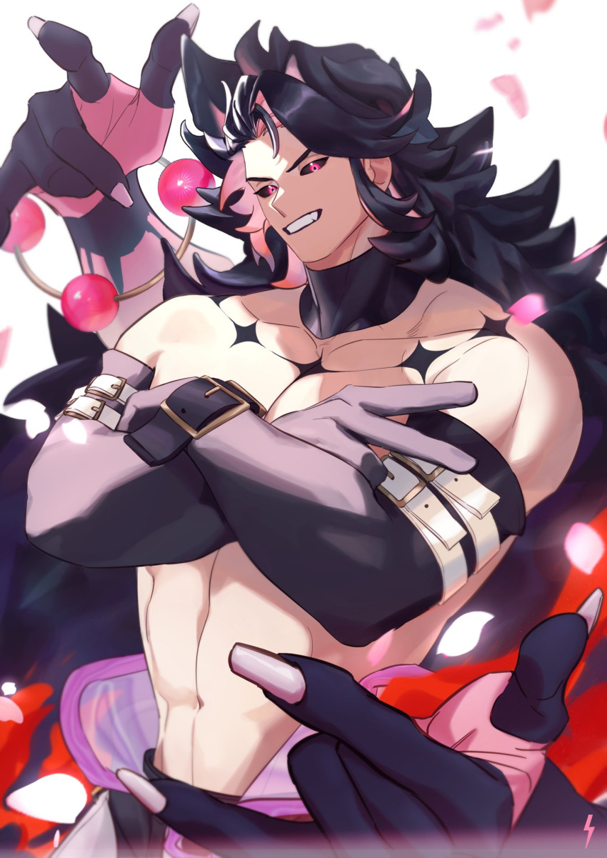 1boy abs bara bare_shoulders belt_buckle black_gloves black_hair black_sclera buckle chest_tattoo collar collarbone colored_sclera crossed_arms dislyte elbow_gloves extra_arms fingernails gloves grin highres li_ling_(nezha) long_fingernails long_hair looking_at_viewer male_chest male_focus muscular muscular_male navel no_shirt pants pectorals purple_pants red_eyes sidelocks simple_background smile solo takayakaiti_(tk049ccn) tattoo translation_request upper_body wrist_belt