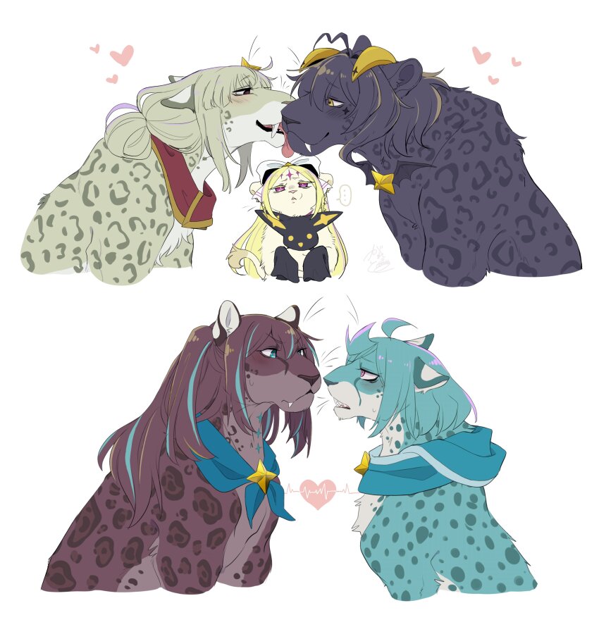 ... absurdres ahoge anemo_nemo animalization araga_kiwi black_hair blonde_hair blue_eyes blue_hair brown_hair cardiogram fangs forward_facing_horns galette71799907 heart highres hiiragi_utena kiss leberblume leopard leoparde_(mahou_shoujo_ni_akogarete) licking licking_another&#039;s_face loco_musica magia_baiser mahou_shoujo_ni_akogarete morino_korisu nero_alice no_humans purple_eyes scarf simple_background spoken_ellipsis star_(symbol) venalita white_background yakumo_mitama yuri