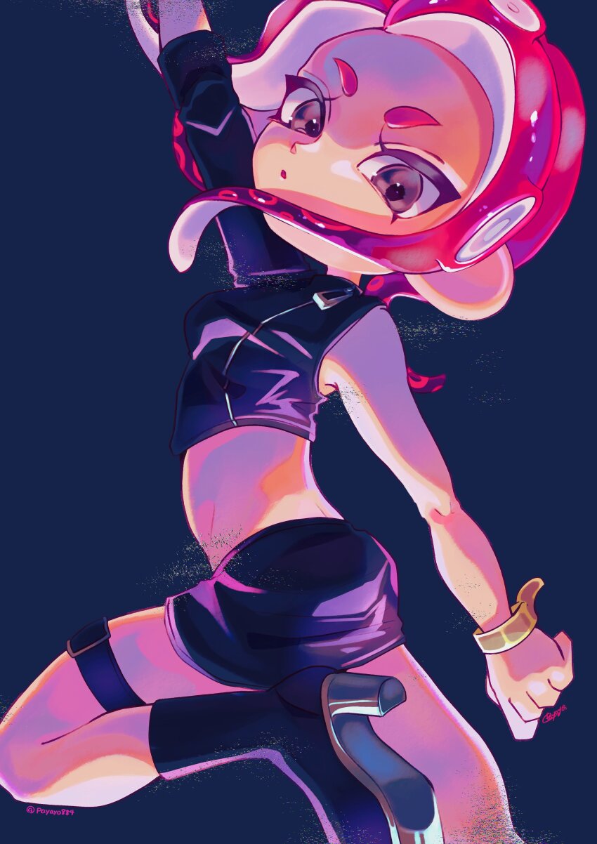 1girl absurdres agent_8_(splatoon) black_footwear black_jacket black_skirt blue_background boots commentary_request crop_top grey_eyes high_heel_boots high_heels highres jacket looking_at_viewer medium_hair nintendo octoling octoling_girl octoling_player_character open_mouth payayo884 pink_hair simple_background single_sleeve skirt solo splatoon_(series) splatoon_2 splatoon_2:_octo_expansion tentacle_hair thick_eyebrows