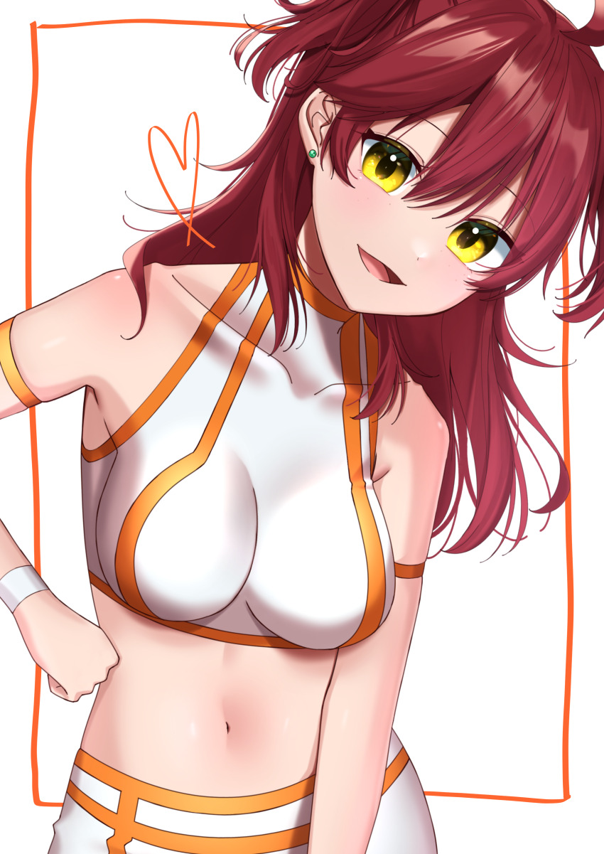 1girl absurdres armlet blush breasts earrings freckles gundam gundam_00 highres jewelry large_breasts long_hair messy_hair midriff navel nena_trinity open_mouth red_hair solo two_side_up villainess wristband yellow_eyes