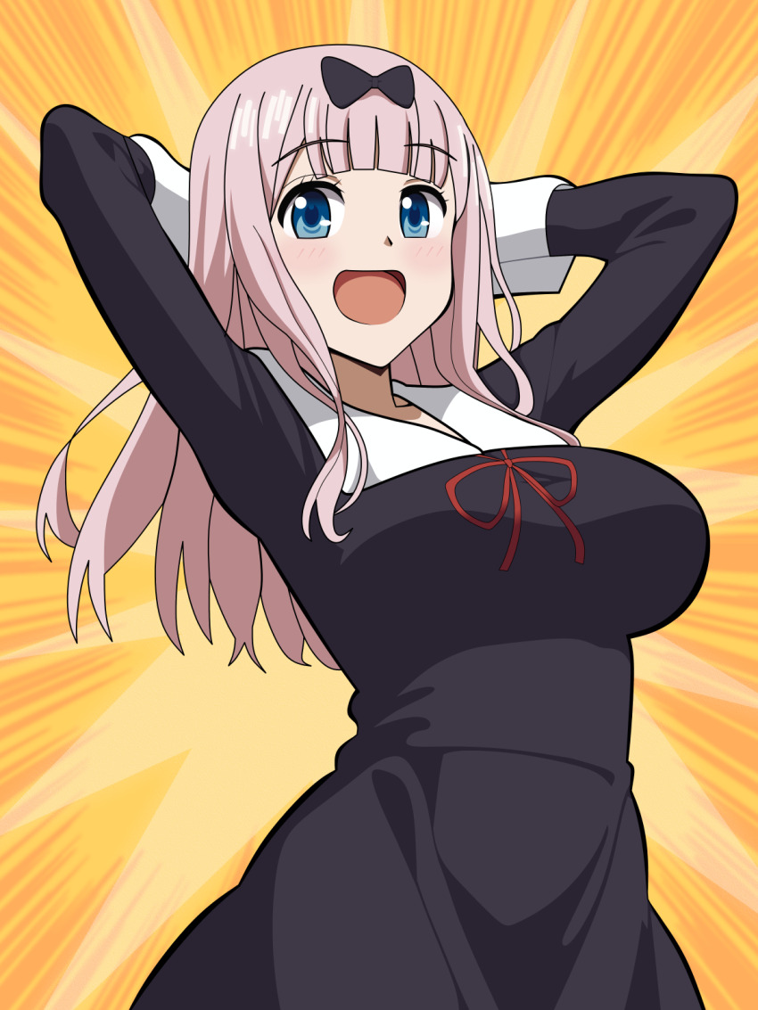 1girl 6kan arms_behind_head arms_up black_bow black_dress blue_eyes blunt_bangs blush bow breasts collarbone collared_dress commentary dress fujiwara_chika hair_bow highres huge_breasts kaguya-sama_wa_kokurasetai_~tensai-tachi_no_renai_zunousen~ long_hair long_sleeves neck_ribbon open_mouth pink_hair red_ribbon ribbon school_uniform shuuchiin_academy_school_uniform smile solo summer_uniform sunburst sunburst_background yellow_background