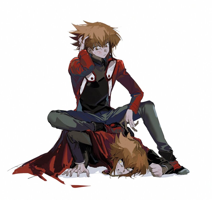 2boys adjusting_hair after_battle angry black_footwear black_shirt brown_eyes brown_hair cape clenched_hand clenched_teeth crossed_legs dirty dirty_face dual_persona duel_academy_uniform_(yu-gi-oh!_gx) elbow_on_knee facing_to_the_side foot_on_another&#039;s_back frustrated grey_pants hand_in_own_hair hand_on_ground highres implied_after_fight jacket looking_at_another looking_down looking_to_the_side lying male_focus missing_finger multiple_boys on_ground on_stomach open_clothes open_jacket outstretched_arms pants popped_collar pushing_down red_cape red_jacket shirt sitting sitting_on_person ss_un17 teeth white_background yellow_eyes yu-gi-oh! yu-gi-oh!_gx yuki_judai