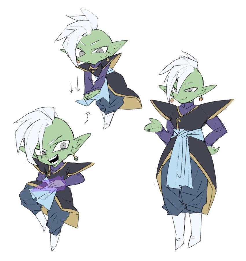 1boy blue_pants blue_sash boots chibi chibi_inset colored_skin dragon_ball dragon_ball_super earrings energy_blade green_skin grey_eyes jewelry long_sleeves mohawk multiple_views pants pointy_ears potara_earrings purple_shirt qiuntes sash shirt short_hair white_background white_footwear white_hair zamasu