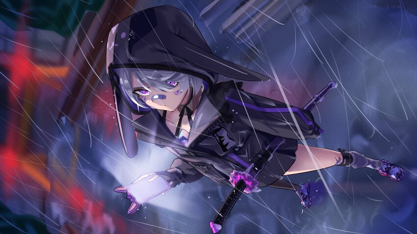 1girl absurdres animal_hood bandaid bandaid_on_face bandaid_on_knee bandaid_on_leg bandaid_on_nose black_jacket cellphone chest_jewel cracked_skin gem grey_hair highres holding holding_phone hololive hololive_english hood hood_up hooded_jacket jacket jewel_under_eye katana koizumi_arata koseki_bijou koseki_bijou_(3rd_costume) leg_warmers looking_at_viewer material_growth neck_ribbon night official_alternate_costume outdoors phone purple_eyes purple_footwear purple_gemstone purple_leg_warmers rabbit_hood rain ribbon smartphone solo standing sword virtual_youtuber weapon