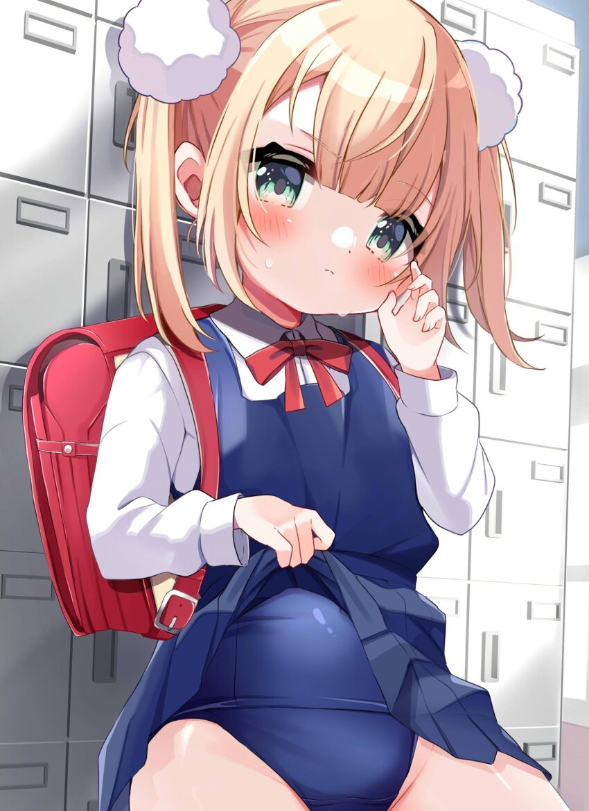 1girl backpack bag blonde_hair blush clothes_lift green_eyes hair_ornament highres indie_virtual_youtuber indoors kiyokura_meru lifting_own_clothes locker long_sleeves looking_at_viewer neck_ribbon old_school_swimsuit pom_pom_(clothes) pom_pom_hair_ornament randoseru ribbon school_swimsuit school_uniform shigure_ui_(vtuber) shigure_ui_(vtuber)_(young) skirt skirt_lift solo swimsuit swimsuit_under_clothes virtual_youtuber