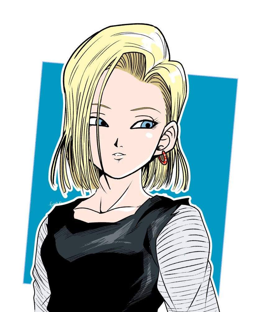 1girl android_18 blonde_hair blue_eyes breasts dragon_ball dragonball_z earrings eyelashes eyeliner fenyon hair_over_one_eye highres jewelry makeup medium_breasts medium_hair solo upper_body