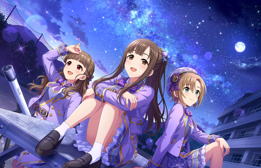 3girls belt blazer brown_eyes brown_hair building fence frills game_cg green_eyes hat idolmaster idolmaster_cinderella_girls idolmaster_cinderella_girls_starlight_stage jacket kamiya_nao loafers mizumoto_yukari moon multiple_girls official_art ponytail purple_skirt red_eyes school_uniform shoes sitting skirt smile star_(sky) star_(symbol) tada_riina telescope thick_eyebrows tree