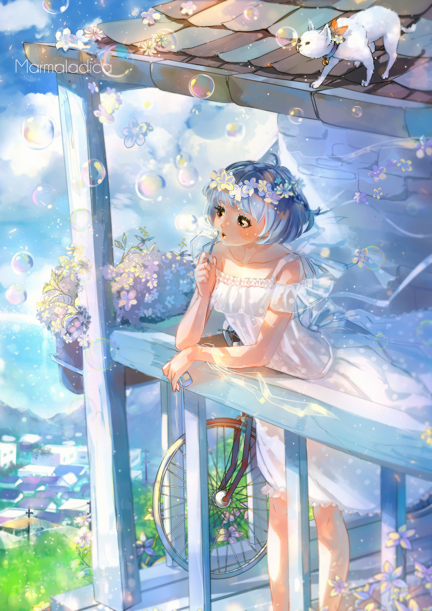 1girl animal bare_arms bicycle blue_hair blue_sky bubble blowing_bubbles cat cloud collarbone commentary day dress english_commentary flower head_wreath highres holding marmaladica original outdoors ribbon short_hair sky standing summer veranda white_dress