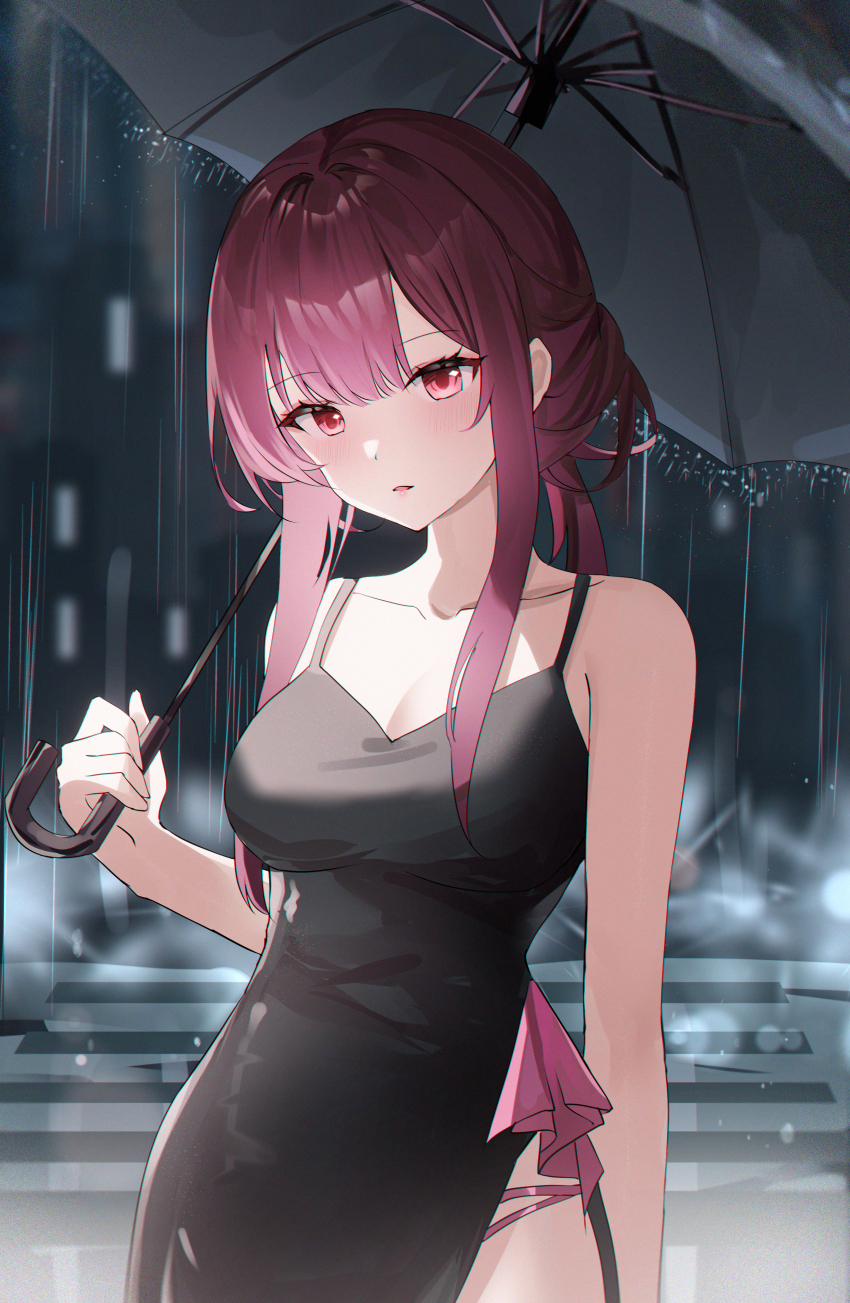 1girl absurdres alternate_costume bare_shoulders black_dress black_umbrella blurry blurry_background breasts cleavage collarbone commentary cowboy_shot dress highres holding holding_umbrella honkai:_star_rail honkai_(series) kafka_(honkai:_star_rail) large_breasts light_blush long_hair looking_at_viewer night night_sky outdoors parted_lips purple_eyes purple_hair rain side_slit sidelocks sky solo standing umbrella usagi_(786113654)