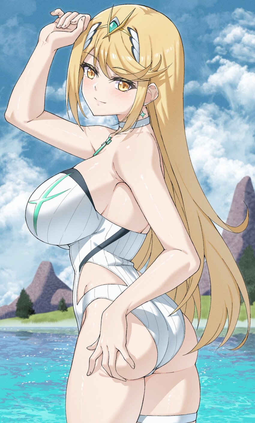 1girl ass bare_shoulders blonde_hair blush breasts deep_skin from_behind grabbing_own_ass highres large_breasts long_hair looking_at_viewer mythra_(xenoblade) mzrz one-piece_swimsuit orange_eyes sideboob smile solo swimsuit thick_thighs thigh_strap thighs very_long_hair xenoblade_chronicles_(series) xenoblade_chronicles_2