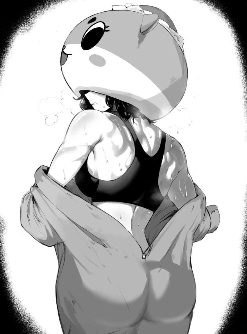 1girl absurdres ass chiitan covered_face greyscale heavy_breathing highres huge_ass looking_at_viewer looking_back mascot_costume masoq monochrome muscular muscular_female partially_unzipped solo sweat tank_top toned toned_female undressing unzipping