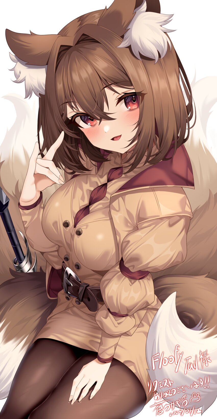 1girl absurdres airi_(floofytail) animal_ear_fluff animal_ears belt black_thighhighs blush breasts brown_belt brown_dress brown_hair brown_jacket brown_tail commission commissioner_name dated dress fox_ears fox_girl fox_shadow_puppet fox_tail hair_between_eyes hand_on_own_thigh hand_up highres jacket jun_(aousa0328) large_breasts looking_at_viewer multiple_tails open_clothes open_jacket open_mouth original red_eyes second-party_source short_hair signature simple_background sitting skeb_commission solo tail thank_you thighhighs white_background