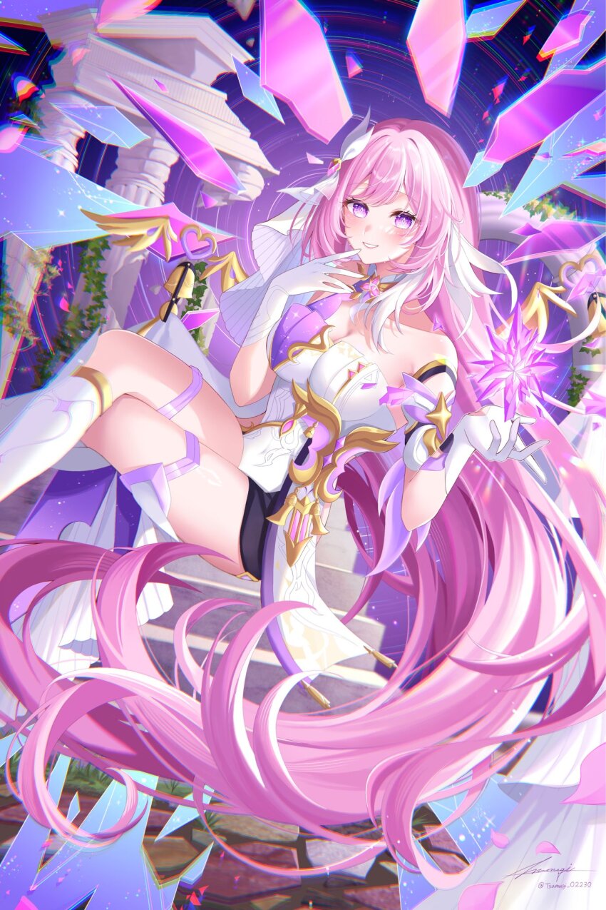 1girl black_shorts breasts cleavage commentary commentary_request corset crossed_legs crystal_shards diamond-shaped_pupils diamond_(shape) elysia_(herrscher_of_human:_ego)_(honkai_impact) elysia_(honkai_impact) english_commentary floating gloves highres honkai_(series) honkai_impact_3rd large_breasts long_hair looking_at_viewer micro_shorts mixed-language_commentary parted_lips pink_hair purple_eyes purple_sky shorts sky smile solo stairs symbol-shaped_pupils triquetra tsumugi_(tsumugi_02230) twitter_username veil very_long_hair white_corset white_footwear white_gloves white_veil