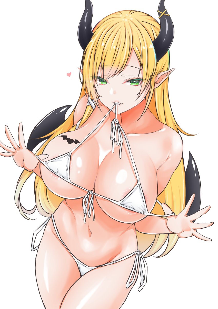 1girl absurdres areola_slip asymmetrical_hair bare_shoulders bikini blonde_hair breast_tattoo breasts cleavage demon_girl demon_horns demon_wings green_eyes halterneck heart highres hololive horns kokechan large_breasts long_hair looking_at_viewer navel parted_lips pointy_ears side-tie_bikini_bottom sidelocks simple_background solo string_bikini swimsuit tattoo very_long_hair virtual_youtuber white_background white_bikini winged_heart wings yuzuki_choco