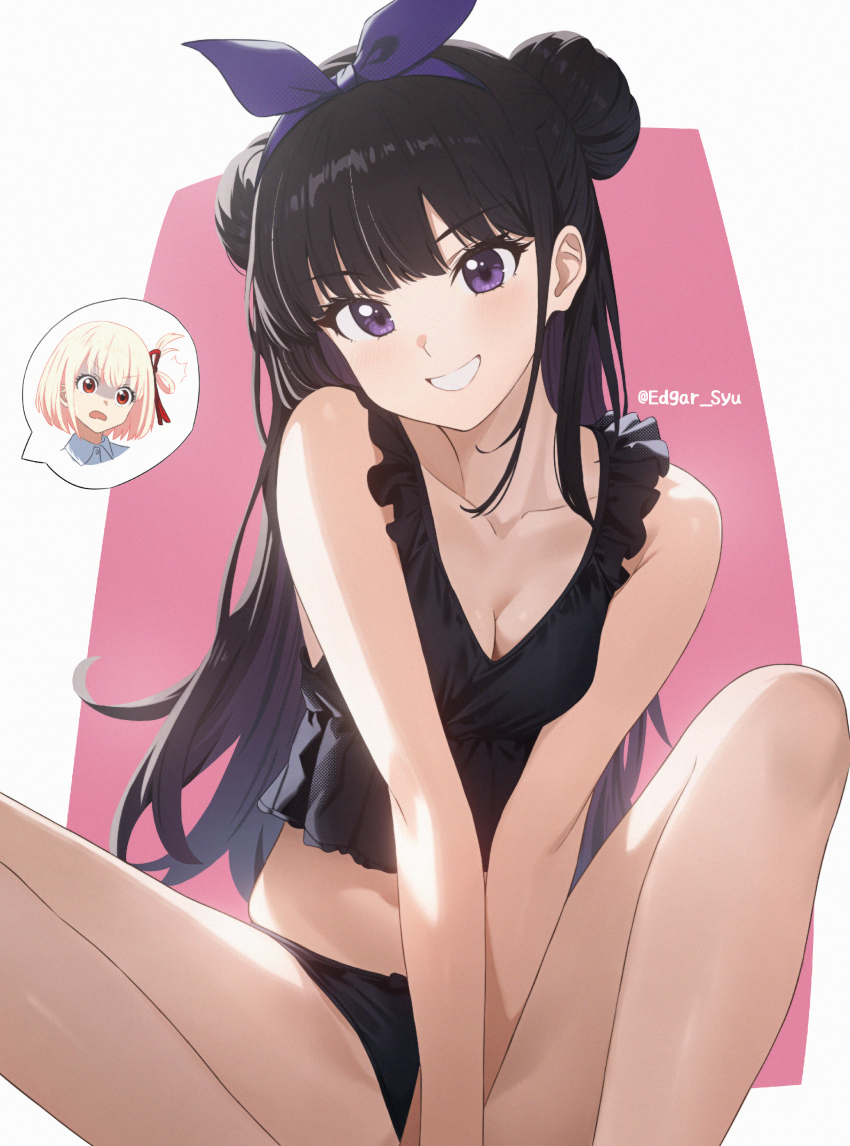 2girls absurdres alternate_hairstyle bikini black_bikini black_hair blonde_hair blush breasts cleavage collarbone commentary double_bun edgar_syu gloom_(expression) hair_bun hair_ribbon highres inoue_takina long_hair looking_at_viewer lycoris_recoil medium_breasts multiple_girls nishikigi_chisato one_side_up open_mouth purple_eyes red_eyes red_ribbon ribbon short_hair smile swimsuit twitter_username