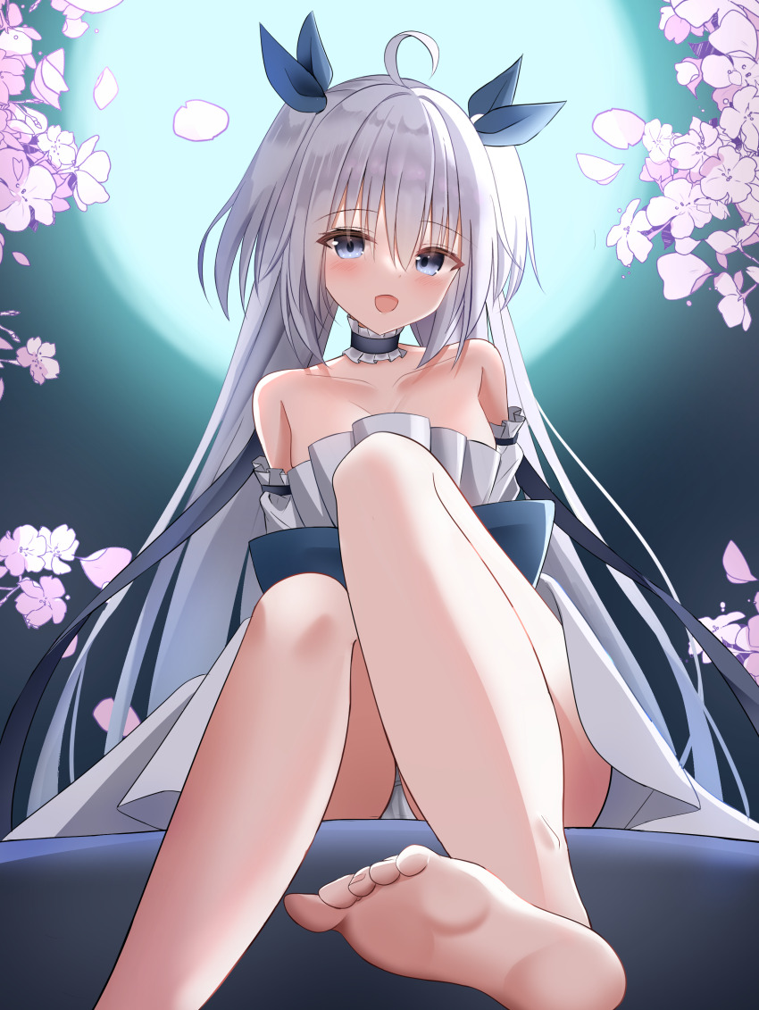 1girl :d absurdres ahoge bare_shoulders barefoot blue_bow blush bow cherry_blossoms choker collarbone commentary_request dress feet foot_out_of_frame frilled_choker frills full_moon grey_hair hair_bow highres long_hair looking_at_viewer mashiro_(sakura_moyu) moon night open_mouth outdoors panties sakura_moyu sidelighting sitting smile soles solo takagi-18102817 toes two_side_up underwear very_long_hair white_dress white_panties