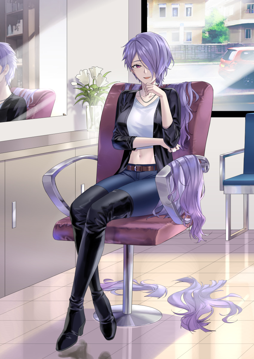 1girl absurdres alternate_hairstyle barber_chair belt black_shirt boots breasts camilla_(fire_emblem) car crop_top crossed_ankles crossed_arms crossed_legs cutting_hair denim fire_emblem fire_emblem_fates flower hair_salon highres jeans large_breasts looking_at_viewer midriff mirror motor_vehicle navel neck nintendo open_clothes pants purple_eyes purple_hair reflection road severed_hair shirt short_hair sitting smile solo street suprii thigh_boots v-neck vase white_flower window