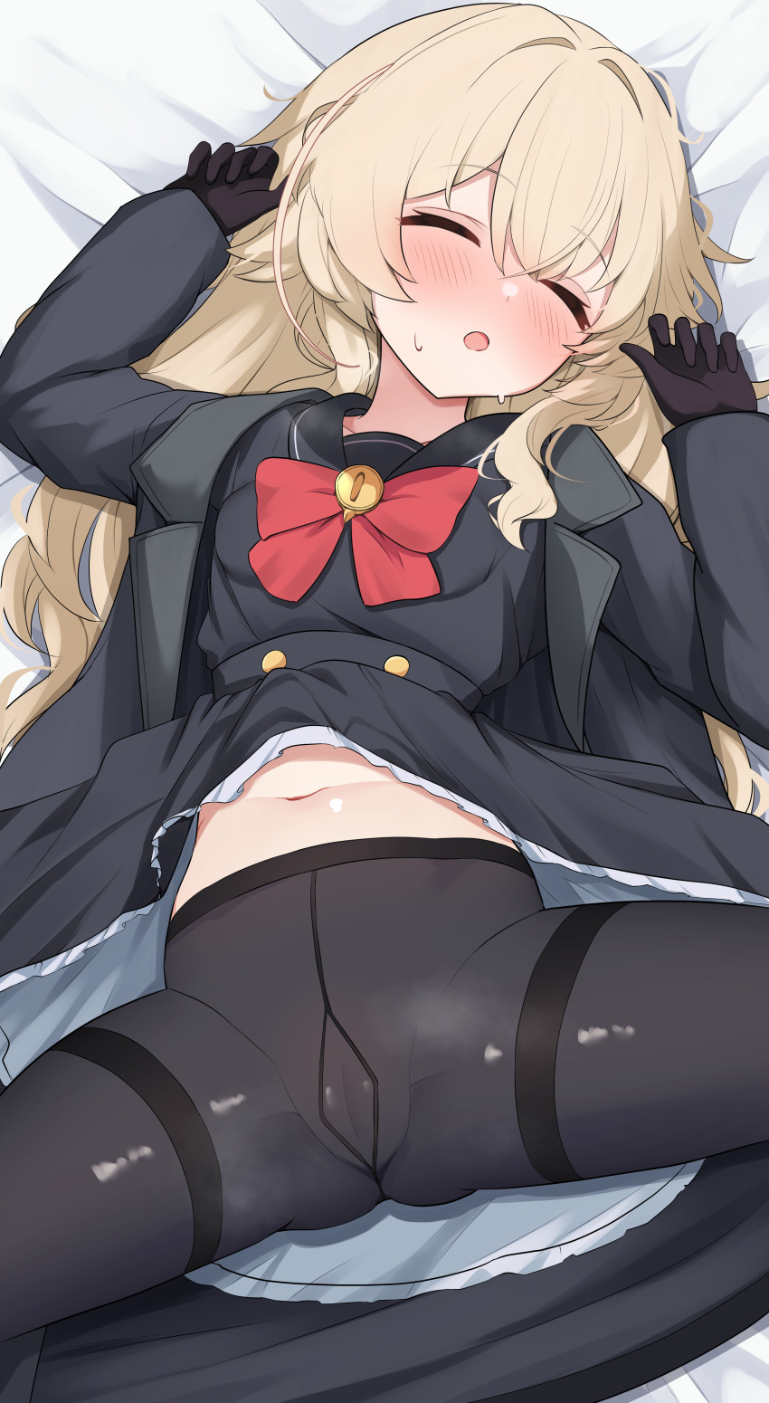 1girl absurdres aoto_mei bed_sheet black_gloves black_pantyhose blonde_hair blue_archive blush bow bowtie closed_eyes clothes_lift gloves gusset highres jacket long_hair long_sleeves lying navel no_panties on_back on_bed open_clothes open_jacket open_mouth pantyhose professor_niyaniya_(blue_archive) sailor_collar shirt_lift solo spread_legs