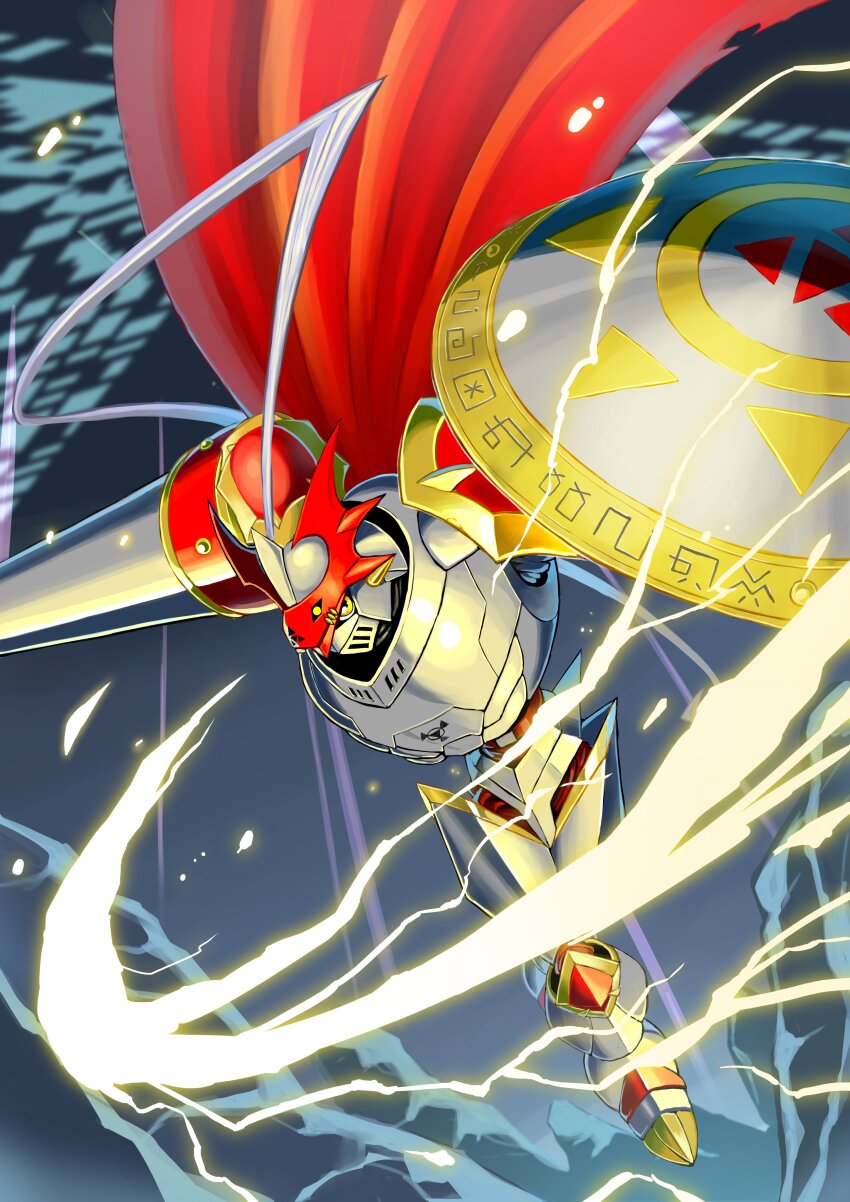 1other absurdres armor cape digimon digimon_(creature) digital_hazard dukemon highres holding holding_polearm holding_weapon lance looking_at_viewer no_humans polearm red_cape shield solo weapon yamamoto_zetta yellow_eyes