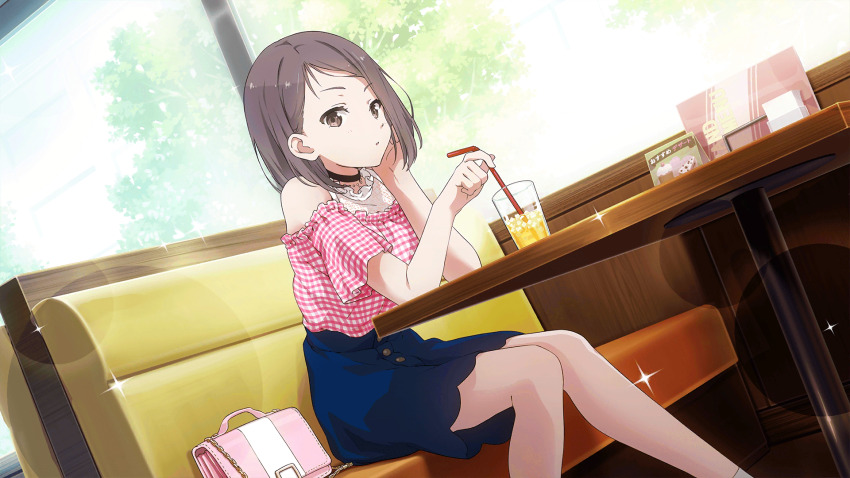 1girl 22/7 22/7_ongaku_no_jikan bag bare_shoulders bendy_straw blue_skirt booth_seating cup drinking_glass drinking_straw dutch_angle elbows_on_table feet_out_of_frame game_cg grey_eyes grey_hair hand_on_own_cheek hand_on_own_face highres hiiragi_tsubomi holding_straw indoors lens_flare looking_at_viewer medium_hair non-web_source official_art parted_lips restaurant short_sleeves single_sidelock sitting skirt socks solo sparkle white_socks window