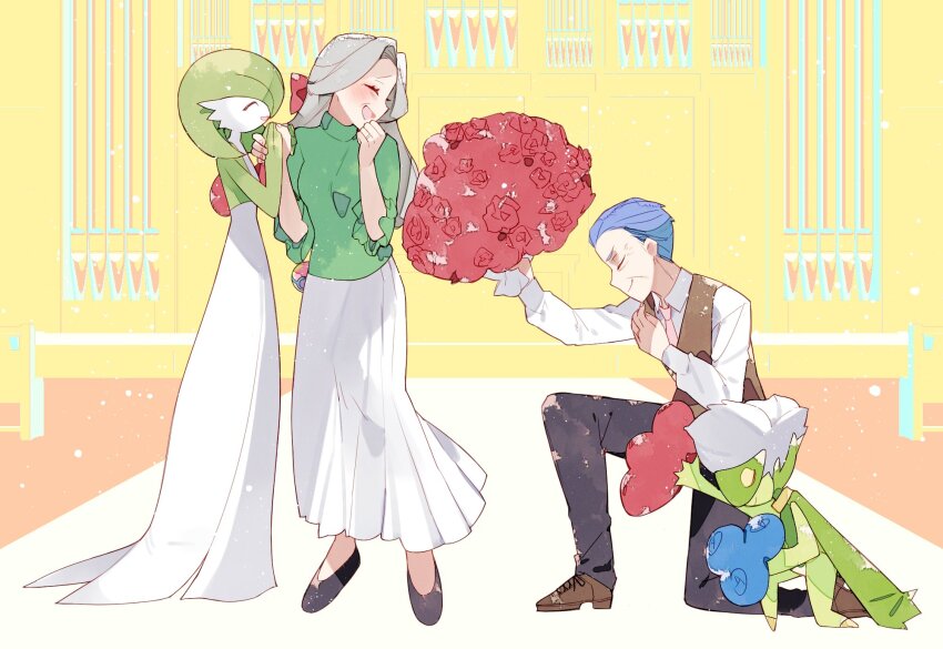 1boy 1girl black_footwear blush bob_cut bouquet brown_footwear closed_eyes collared_shirt colored_skin creatures_(company) dress flower game_freak gardevoir gen_3_pokemon gen_4_pokemon green_shirt green_skin grey_hair highres holding holding_bouquet kouta_(pixiv14981568) long_hair multicolored_skin nintendo old old_man old_woman on_one_knee open_mouth pants pokemon pokemon_(creature) roserade shirt skirt smile two-tone_skin white_dress white_shirt white_skin white_skirt