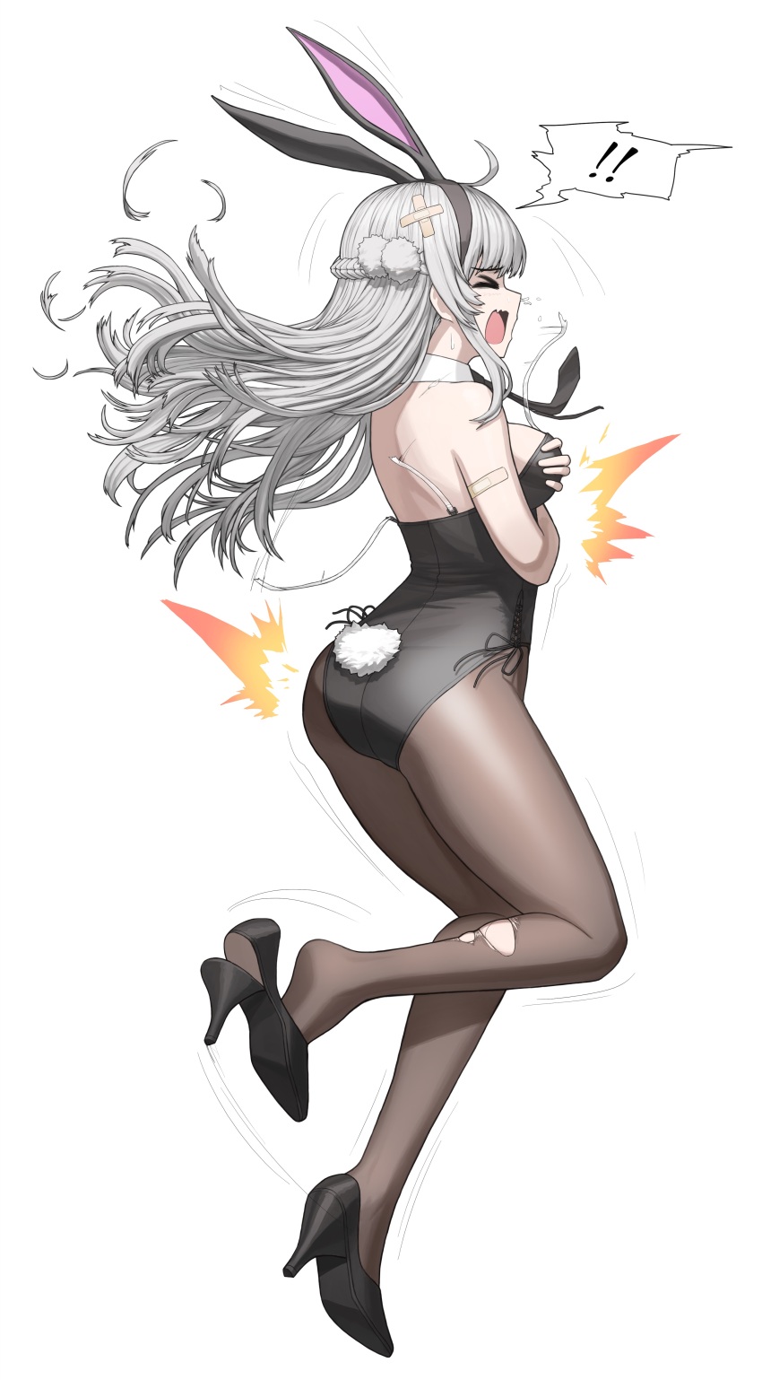 &gt;o&lt; 1girl absurdres alternate_costume animal_ears black_footwear black_leotard breast_hold breasts cheogtanbyeong from_behind full_body girls&#039;_frontline girls&#039;_frontline_neural_cloud grey_hair high_heels highres kuro_(neural_cloud) leotard long_hair mdr_(girls&#039;_frontline) open_mouth pantyhose playboy_bunny rabbit_ears rabbit_tail solo tail