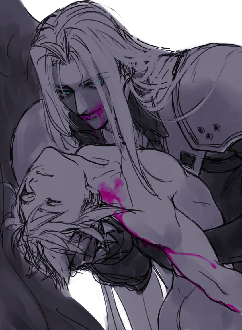 2boys armor ass black_coat black_gloves black_wings blood blood_drip blood_from_mouth blood_on_face blood_on_neck closed_eyes clothed_male_nude_male cloud_strife coat fainted final_fantasy final_fantasy_vii gloves grey_hair hand_on_another&#039;s_head hand_on_another&#039;s_neck highres holding kintokiii long_bangs long_hair male_focus multiple_boys nude parted_bangs pauldrons pink_blood sephiroth short_hair shoulder_armor single_wing slit_pupils smile spiked_hair unconscious vampire white_background wings yaoi