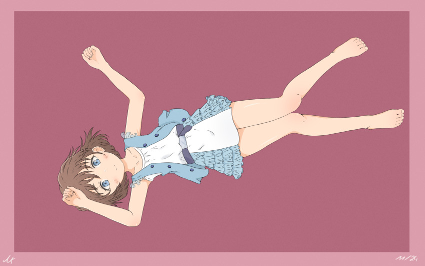 1girl barefoot blue_eyes blue_vest brown_hair commentary dress frilled_dress frills full_body haibara_ai highres knees_together_feet_apart meitantei_conan nico_kobayashi short_dress short_hair signature smile solo vest