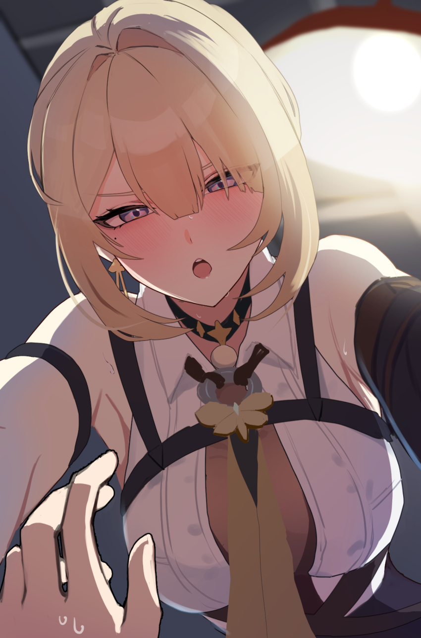 1girl 1other :o arm_strap bare_shoulders black_choker black_gloves blonde_hair blush breasts chest_harness choker commentary_request drunk earrings elbow_gloves evelyn_chevalier gloves hair_between_eyes hair_intakes hair_over_one_eye hair_up harness highres jewelry large_breasts looking_at_viewer mole mole_under_eye necktie o-ring pov pov_hands purple_eyes ruaruayana shirt short_hair single_elbow_glove solo_focus sweat uneven_bangs upper_body white_shirt yellow_necktie zenless_zone_zero