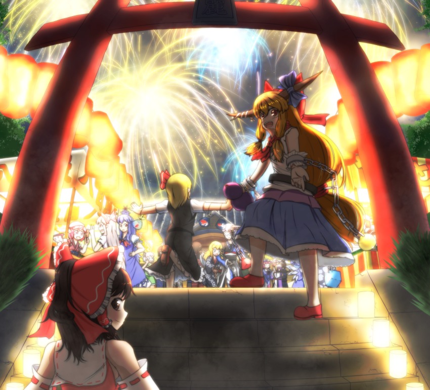 1boy 6+girls alternate_costume bird_wings blonde_hair blue_hair brown_hair cirno festival fireworks fish food food_stand frilled_skirt frills fujiwara_no_mokou goldfish hair_ribbon hakurei_reimu highres ibuki_suika kamishirasawa_keine kirisame_marisa konpaku_youmu lantern long_hair looking_at_viewer morichika_rinnosuke multiple_girls mystia_lorelei okamisty orange_hair outstretched_arms paper_lantern pink_hair ribbon rumia saigyouji_yuyuko shirt short_hair skewer skirt spread_arms stairs tat_rous torii touhou vest white_hair wings yakumo_yukari