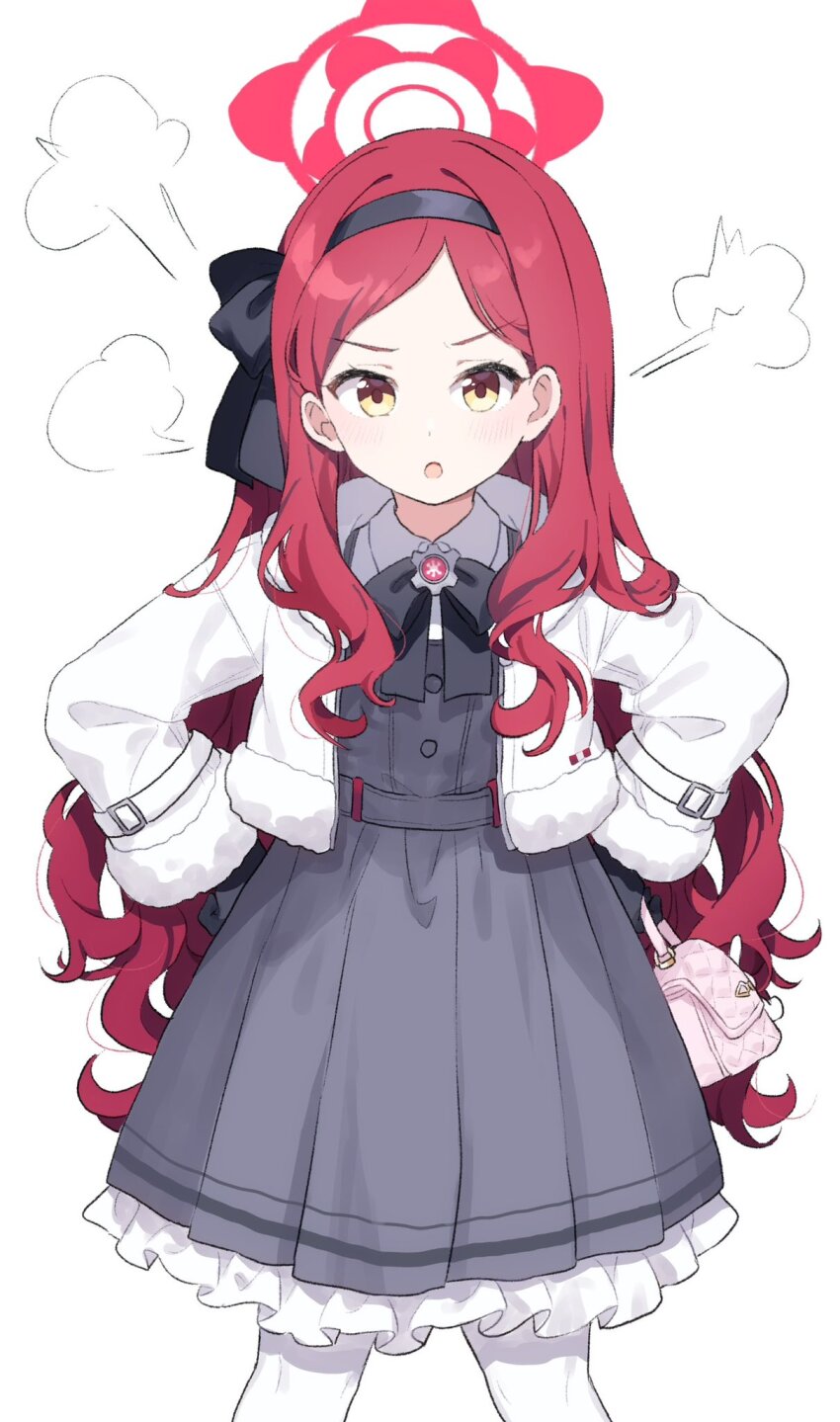 1girl black_bow black_bowtie black_gloves black_hairband blue_archive blush bow bowtie buttons collared_shirt dress feet_out_of_frame frilled_dress frills fur-trimmed_sleeves fur_trim gloves grey_dress hairband halo highres jacket long_hair long_sleeves looking_at_viewer migolu open_clothes open_jacket open_mouth pantyhose red_hair red_halo shirt simple_background solo takane_(blue_archive) white_background white_jacket white_pantyhose white_shirt yellow_eyes