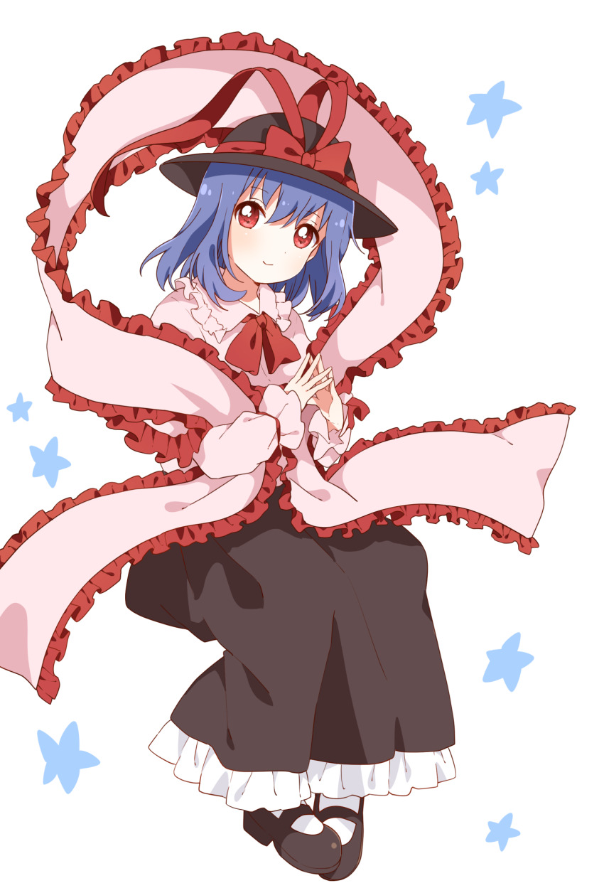 1girl black_footwear black_hat black_skirt bow closed_mouth commentary_request frilled_shawl frilled_skirt frills full_body hat hat_bow highres long_skirt long_sleeves looking_at_viewer nagae_iku own_hands_together pink_shirt purple_hair red_bow red_eyes sasaki_sakiko shawl shirt short_hair skirt solo star_(symbol) touhou white_background