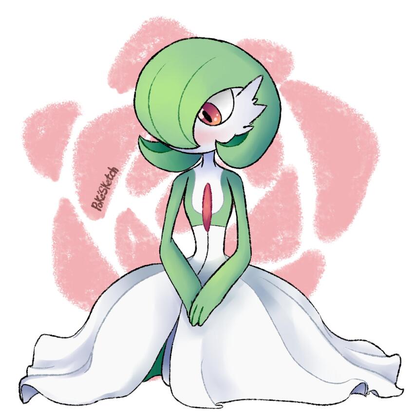 artist_name blush bob_cut colored_skin creatures_(company) dress game_freak gardevoir gen_3_pokemon green_hair green_skin hair_over_one_eye highres multicolored_skin nintendo pink_eyes pokemon pokemon_(creature) pokesketches two-tone_skin white_dress white_skin