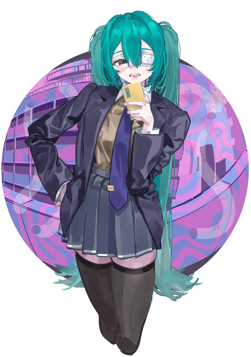 1girl absurdres aqua_eyes aqua_hair averting_eyes balcony black_jacket black_thighhighs blazer blue_necktie brown_sweater_vest building cellphone collared_shirt commentary contrapposto double-parted_bangs eyepatch hair_between_eyes hatsune_miku highres holding holding_phone jacket kazukingu lapels long_hair long_sleeves medical_eyepatch monitoring_(vocaloid) necktie notched_lapels one_eye_covered open_mouth phone pleated_skirt pov_peephole school_uniform shirt shirt_tucked_in skindentation skirt smartphone solo sweater_vest thighhighs tie_clip twintails vocaloid white_background wing_collar zettai_ryouiki