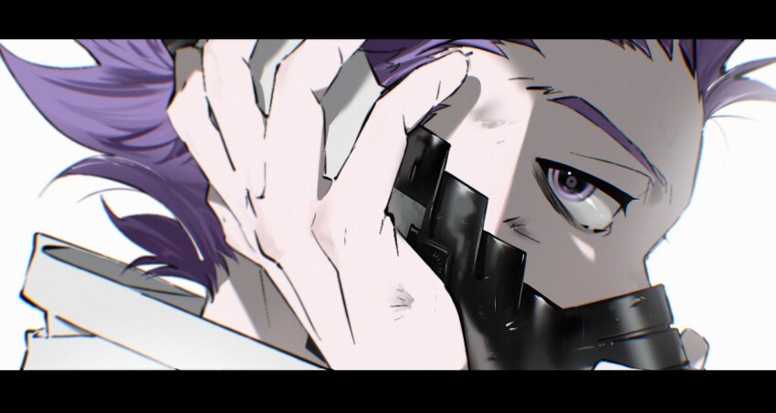 1boy adjusting_clothes adjusting_headwear bandages black_border boku_no_hero_academia border dirty dirty_face hair_slicked_back highres konekutozzzzz letterboxed looking_at_viewer male_focus mask mouth_mask purple_eyes purple_hair shinso_hitoshi short_hair solo superhero_costume white_background