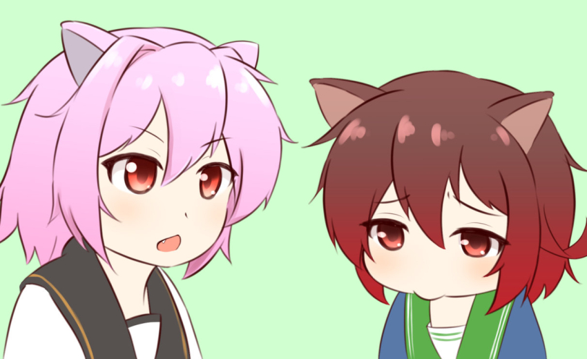 2girls animal_ears black_sailor_collar blue_jacket brown_hair cat_ears chestnut_mouth gradient_hair green_background green_sailor_collar jacket kantai_collection meme multicolored_hair multiple_girls mutsuki_(kancolle) mutsuki_kai_ni_(kancolle) parody pink_hair red_eyes red_hair sailor_collar shirt short_hair talking_cats_(meme) tama_(kancolle) tama_kai_ni_(kancolle) upper_body white_shirt zanne