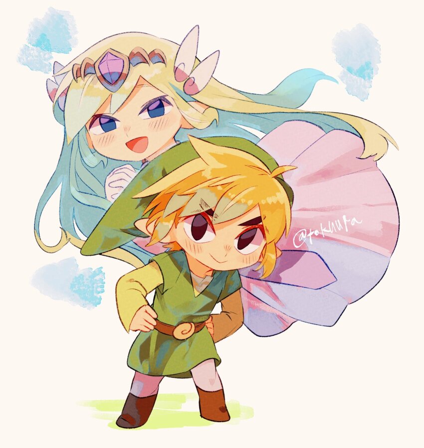 1boy 1girl :d blonde_hair blush boots brown_footwear chibi closed_mouth commentary_request dress gloves green_headwear grey_pants hands_on_own_hips headpiece highres interlocked_fingers link long_hair long_sleeves nintendo open_mouth own_hands_clasped own_hands_together pants pink_dress princess_zelda sleeves_past_wrists smile standing the_legend_of_zelda tokuura tunic twitter_username very_long_hair white_gloves