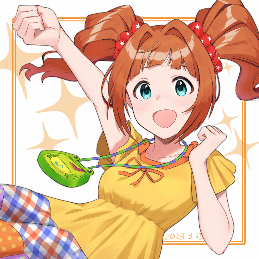 1girl arm_up green_eyes hair_ornament hair_scrunchie hand_up highres idolmaster idolmaster_(classic) idolmaster_million_live! idolmaster_million_live!_theater_days looking_at_viewer mogukichi_aka open_mouth orange_hair red_scrunchie scrunchie shirt short_hair short_sleeves solo takatsuki_yayoi twintails white_background yellow_shirt